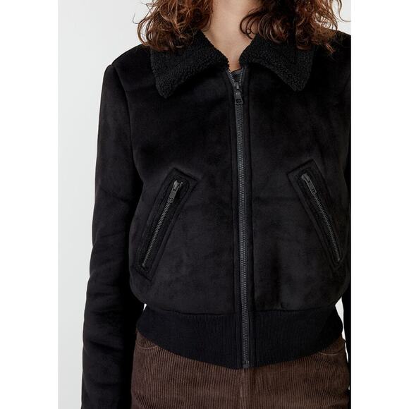 BARDOT Women's Shearling Bomber Jacket Small US 4 Black Faux Suede Cropped NWT - Picture 3 of 15